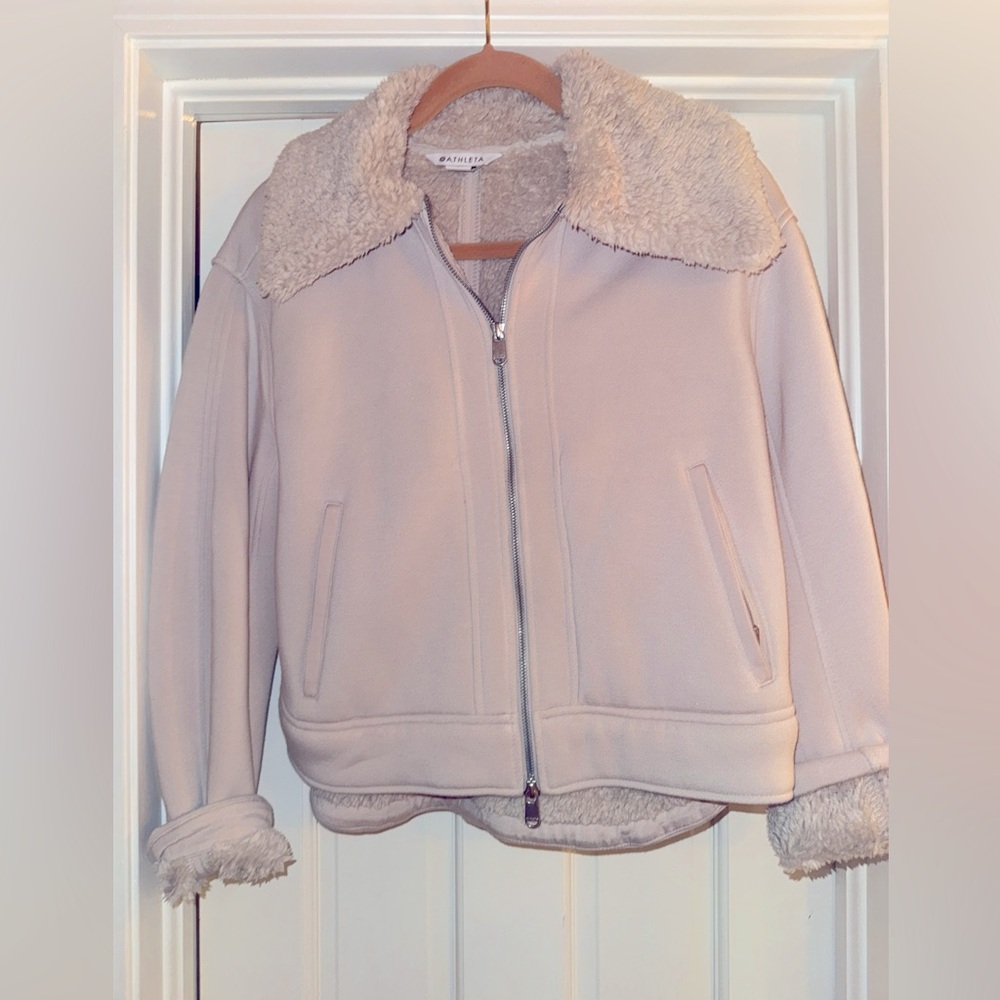 Athleta Faux Shearling Zip Jacket | Cozy Teddy Lined Moto Style | Cream | XS